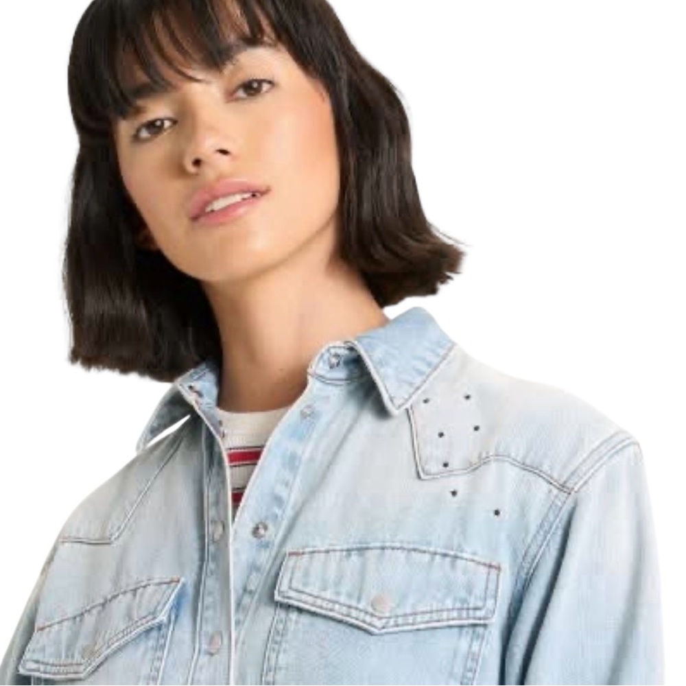 Universal Thread Denim  Button Down Shirt With Embroidered Star Pattern - Picture 9 of 9